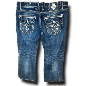 $220 Rock Revival "Chris" 42 X 28 Leather Trim Med Blue Wash Biker Grunge Jeans‎